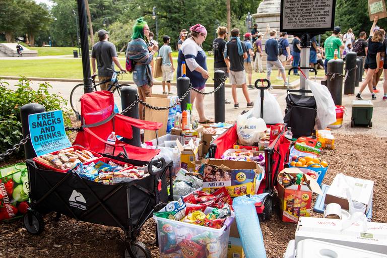 Image of food and water supplies for protesters, curated by Bre Norton.